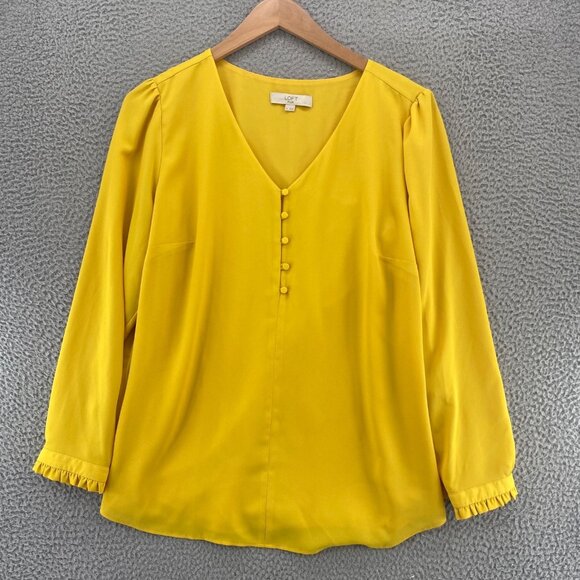 LOFT Top Womens 16 Plus Yellow Long Puff Sleeve 1/4 Button Ruffle V Neck Blouse - Picture 1 of 9